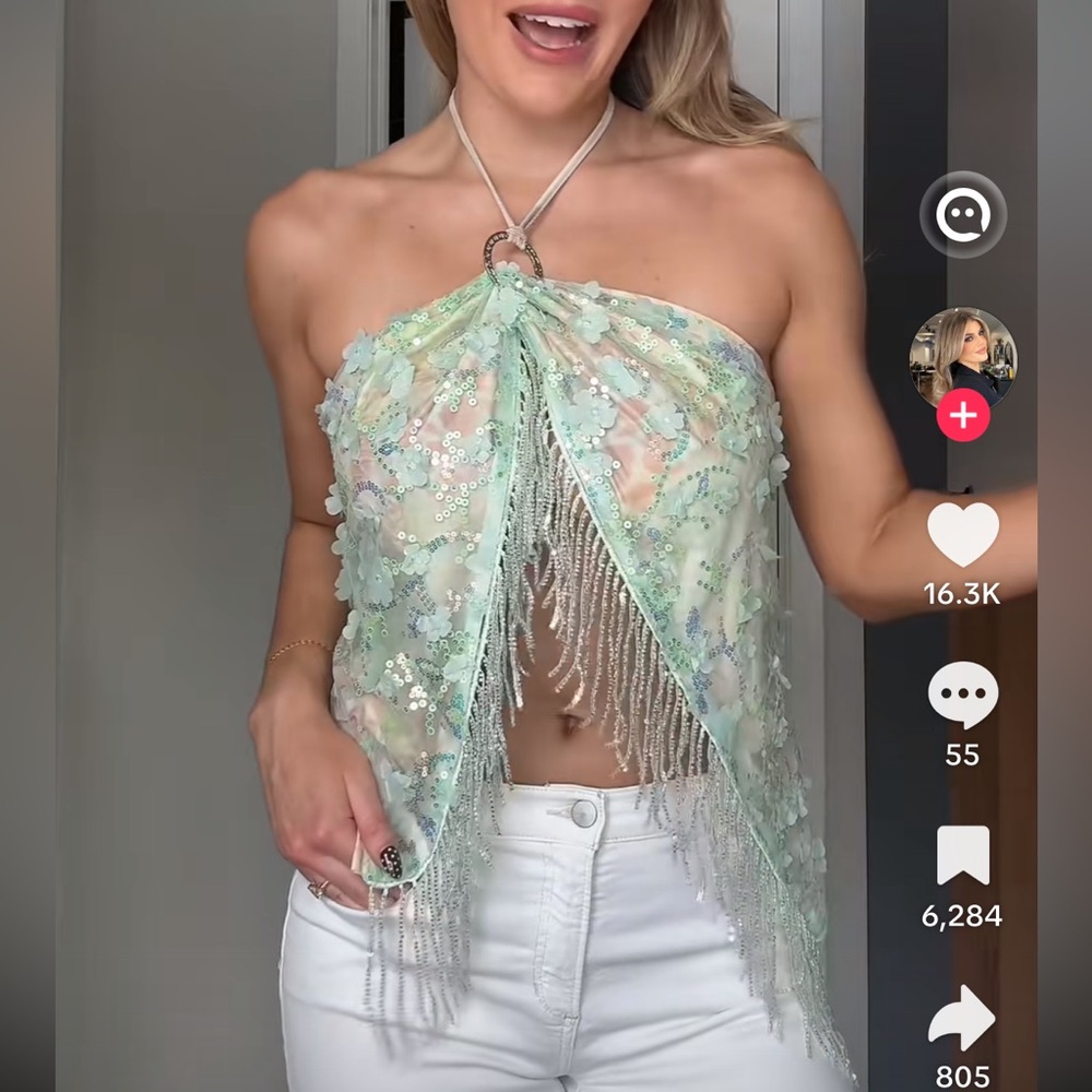 Sheer Sequin Fringe Halter Top - Mint Green